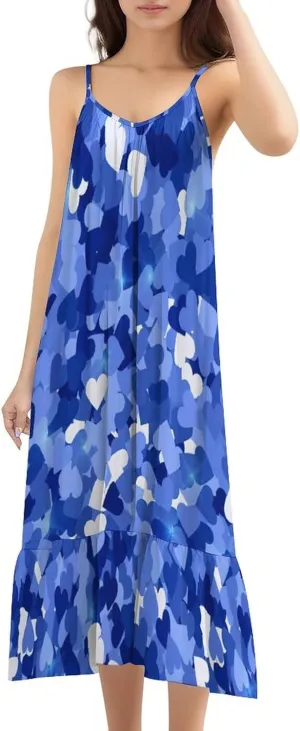 Women Blue Hearts Spring Strappy Tank Dress Sexy Ruffle Flowy Boho Sundress