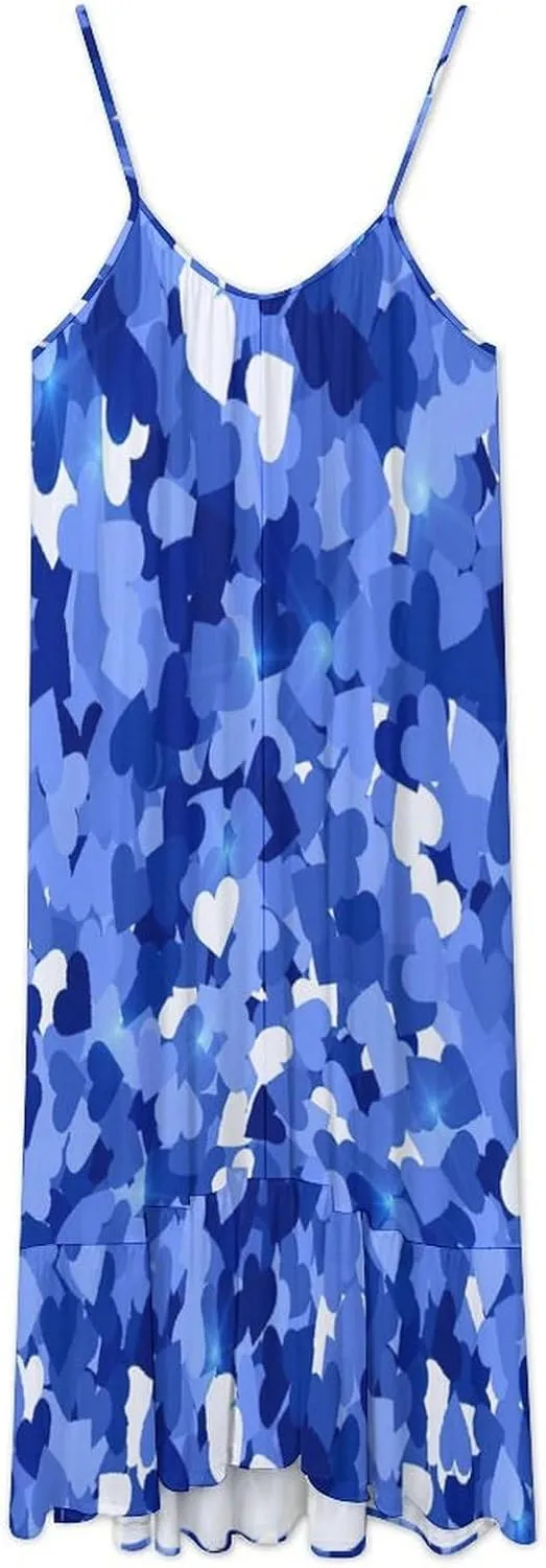 Women Blue Hearts Spring Strappy Tank Dress Sexy Ruffle Flowy Boho Sundress