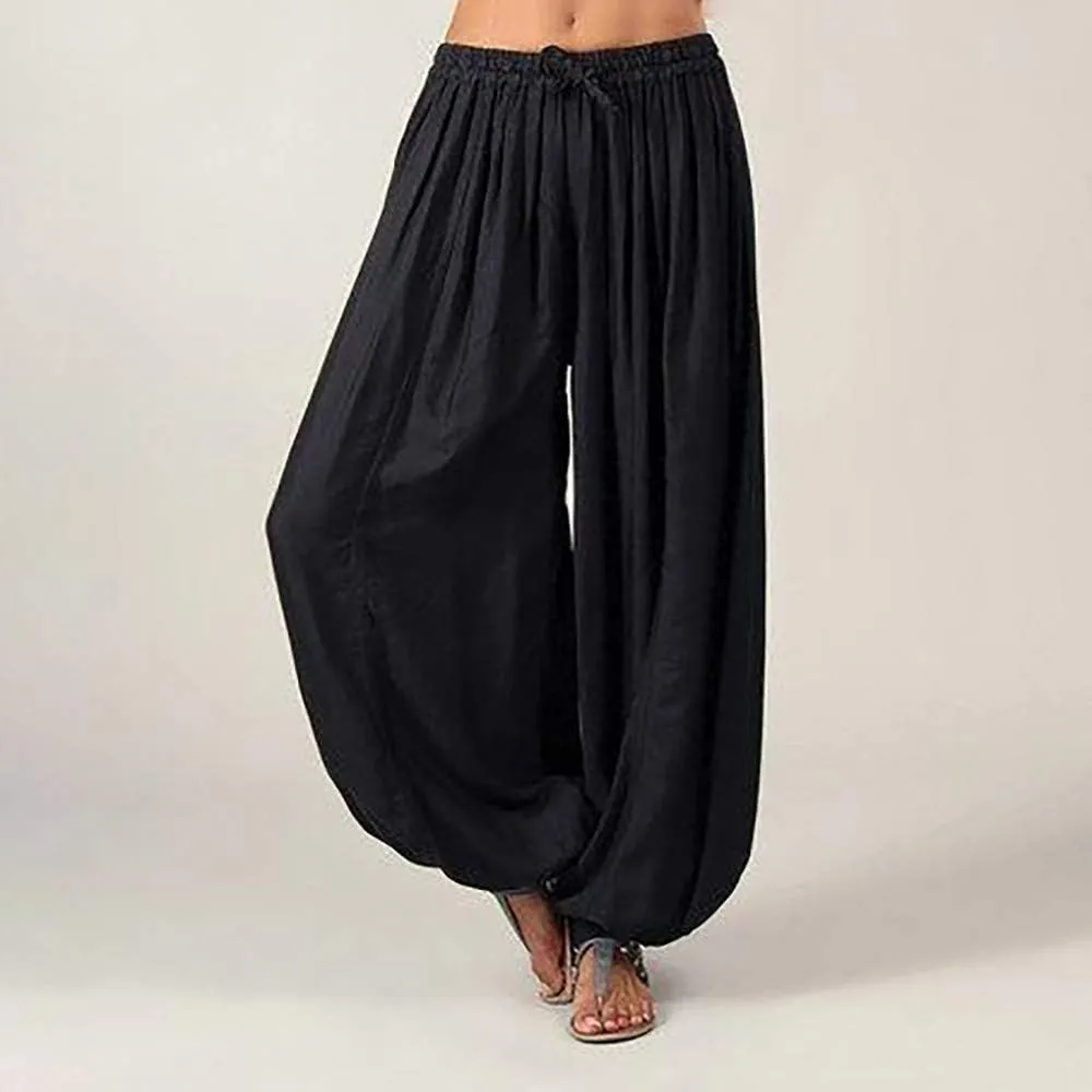 Women Linen Pants Beach Waisted Beach Dressy Trousers with Pockets Solid Travel Palazzo Pants for Women High Waist
