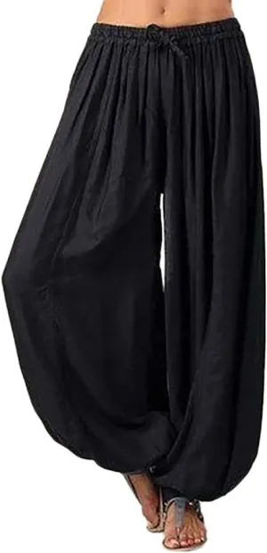 Women Linen Pants Beach Waisted Beach Dressy Trousers with Pockets Solid Travel Palazzo Pants for Women High Waist