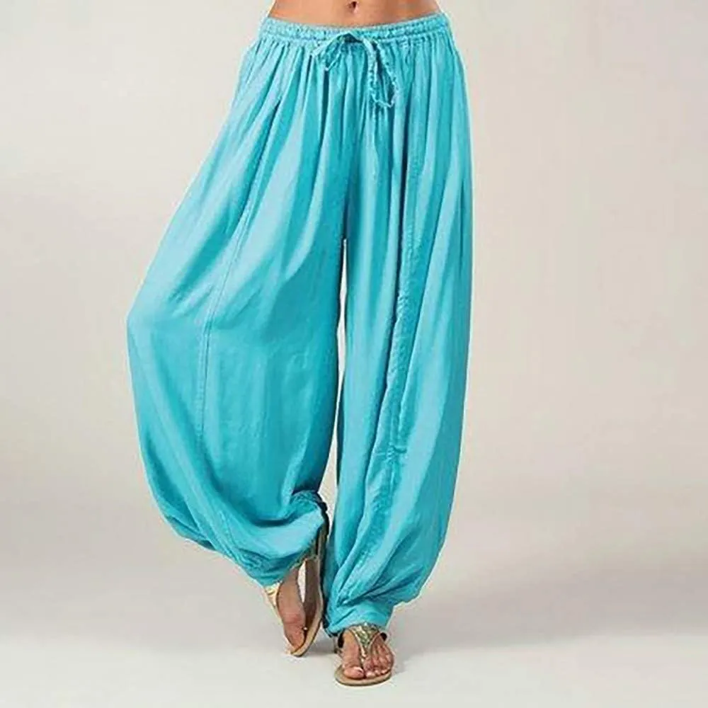 Women Linen Pants Beach Waisted Beach Dressy Trousers with Pockets Solid Travel Palazzo Pants for Women High Waist