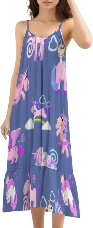 Women Magic Pegasus Spring Strappy Maxi Dress Casual Ruffle Flowy Boho Sundresses