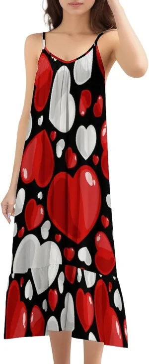Women White Hearts Spring Spaghetti Strap Tank Dresses Fashion Ruffled Flowy Boho Sundresses