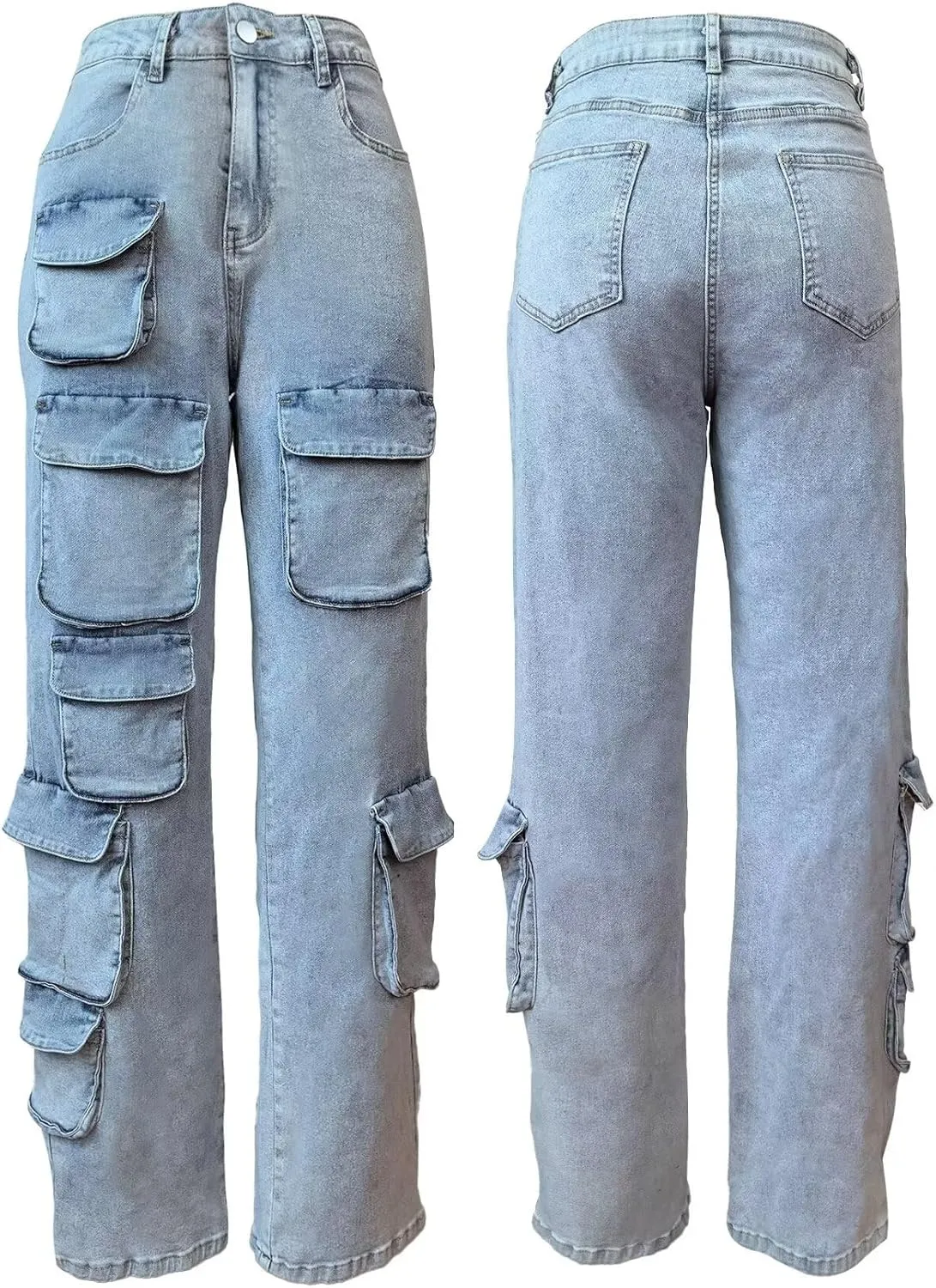 Women's Baggy Cargo Jean High Waisted Y2K Distressed Wide Leg Denim Pants with Multi Pockets Streetwear