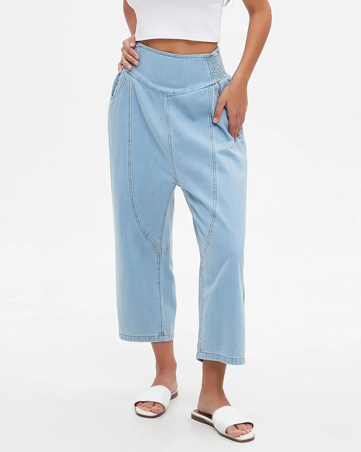 Women's Baggy Cropped Harem Jeans Loose Fit Wide Leg Barrel Pants Summer Casual Boyfriend Denim Pants