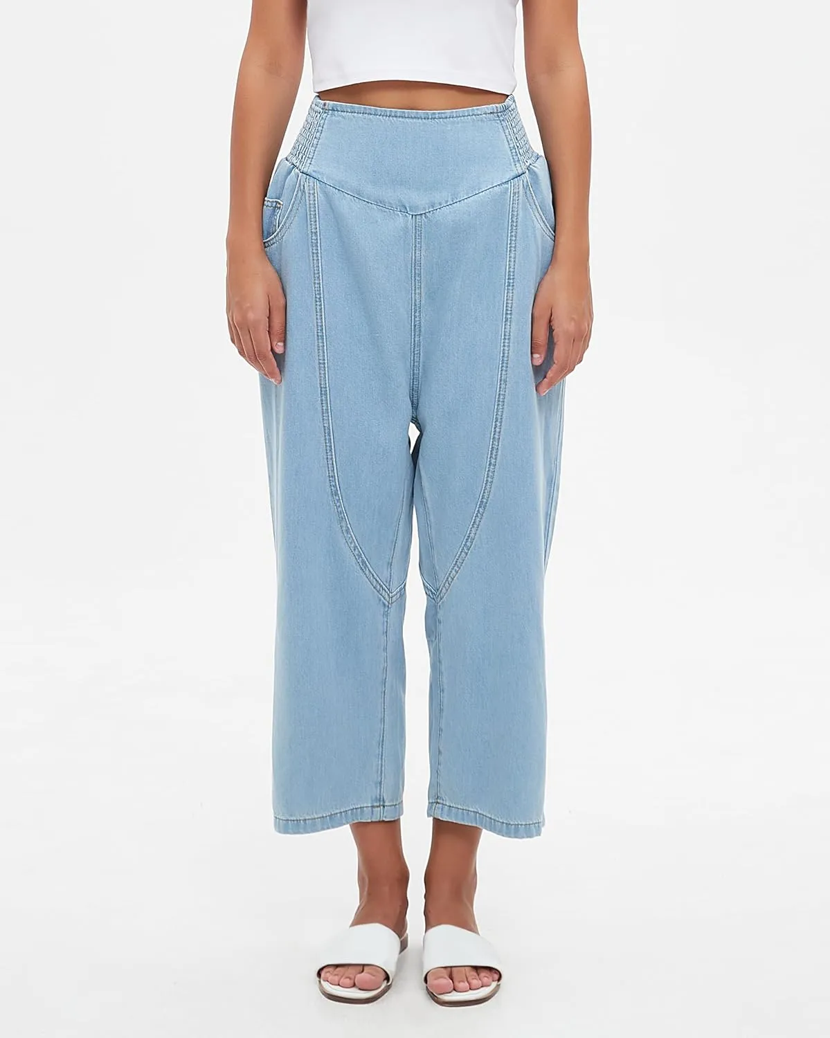 Women's Baggy Cropped Harem Jeans Loose Fit Wide Leg Barrel Pants Summer Casual Boyfriend Denim Pants