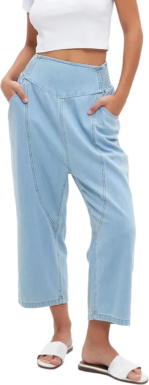 Women's Baggy Cropped Harem Jeans Loose Fit Wide Leg Barrel Pants Summer Casual Boyfriend Denim Pants