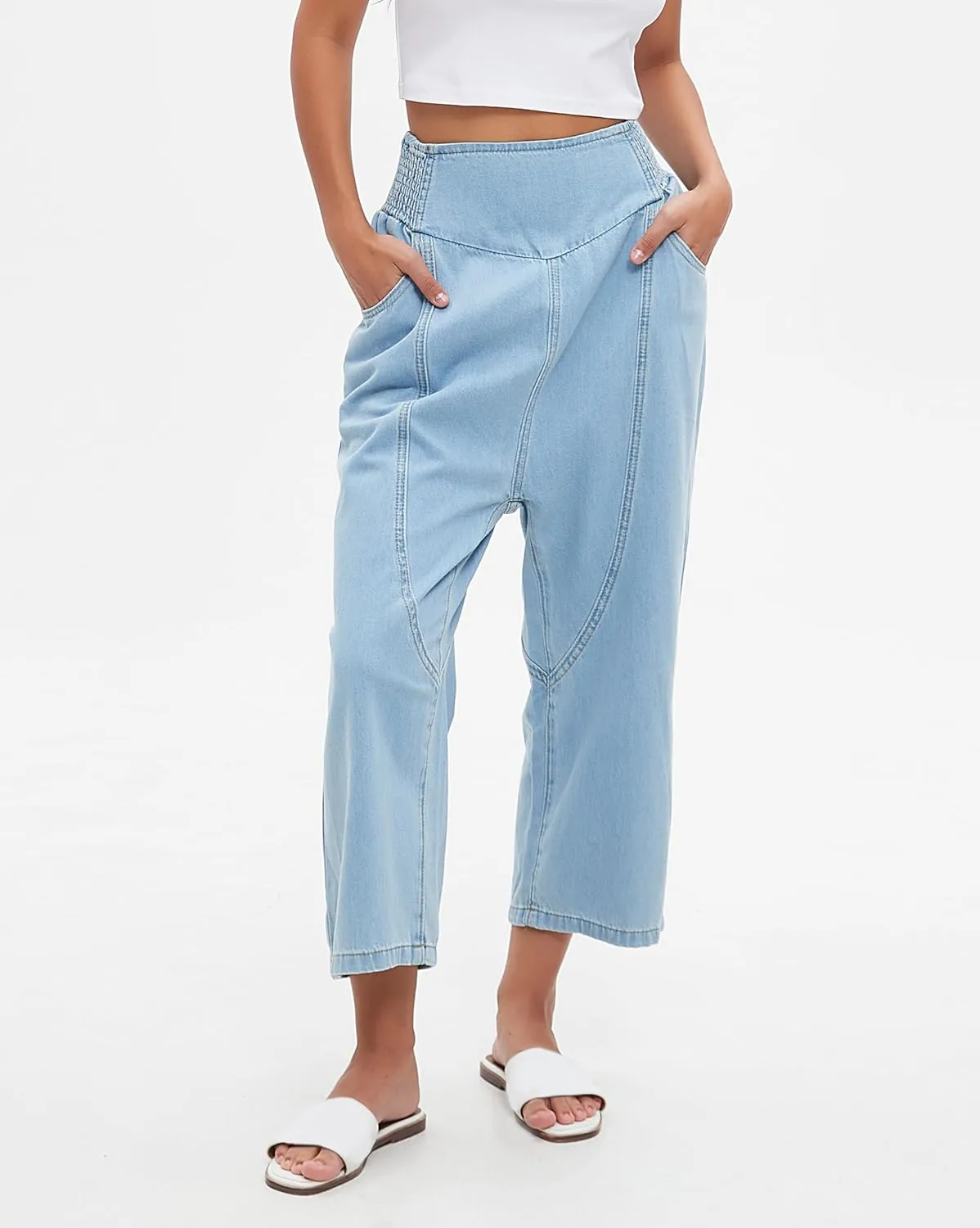 Women's Baggy Cropped Harem Jeans Loose Fit Wide Leg Barrel Pants Summer Casual Boyfriend Denim Pants