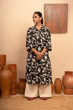 Womens Black Poplin Collar Neck Printed Regular Fit Kurta  Arya collection