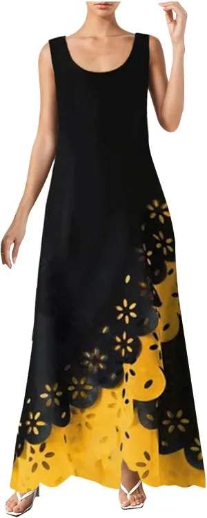 Womens Bohemian Maxi Dress Sleeveless Crewneck Floral Hollow Out Split Hem Cami Long Dress Elegant Aline Flowy Dresses