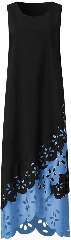 Womens Bohemian Maxi Dress Sleeveless Crewneck Floral Hollow Out Split Hem Cami Long Dress Elegant Aline Flowy Dresses