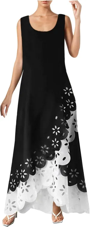 Womens Bohemian Maxi Dress Sleeveless Crewneck Floral Hollow Out Split Hem Cami Long Dress Elegant Aline Flowy Dresses