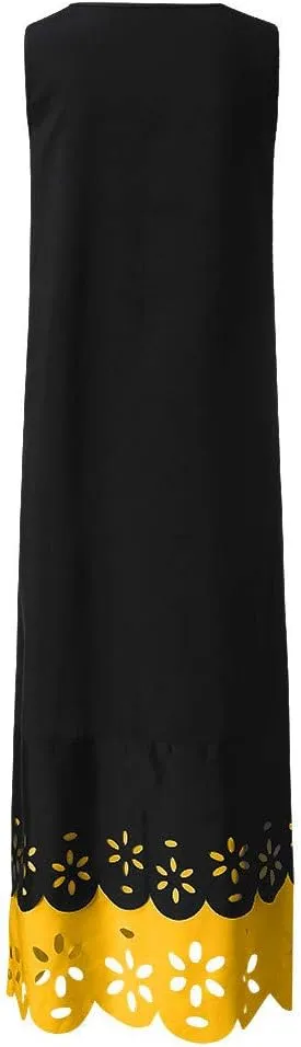 Womens Bohemian Maxi Dress Sleeveless Crewneck Floral Hollow Out Split Hem Cami Long Dress Elegant Aline Flowy Dresses