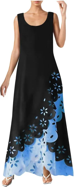 Womens Bohemian Maxi Dress Sleeveless Crewneck Floral Hollow Out Split Hem Cami Long Dress Elegant Aline Flowy Dresses