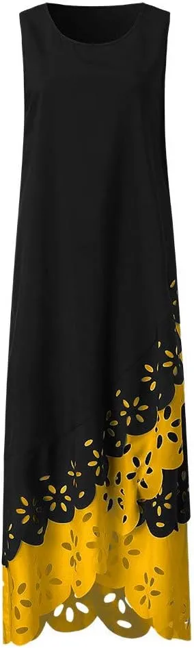 Womens Bohemian Maxi Dress Sleeveless Crewneck Floral Hollow Out Split Hem Cami Long Dress Elegant Aline Flowy Dresses