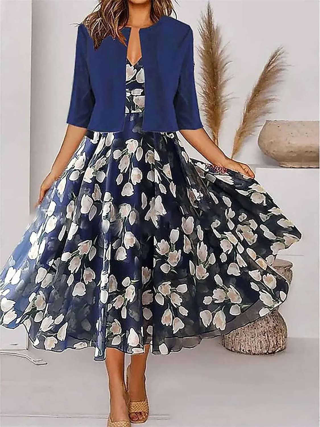 Womens Boho Floral Maxi Dress with Cardigan 2 Piece Set Sleeveless Tank Dress Cropped Jacket Flowy Wedding Guest Dress