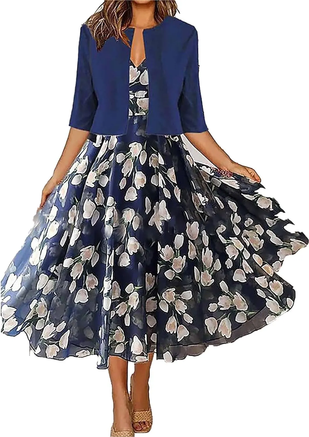 Womens Boho Floral Maxi Dress with Cardigan 2 Piece Set Sleeveless Tank Dress Cropped Jacket Flowy Wedding Guest Dress