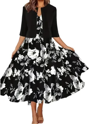 Womens Boho Floral Maxi Dress with Cardigan 2 Piece Set Sleeveless Tank Dress Cropped Jacket Flowy Wedding Guest Dress