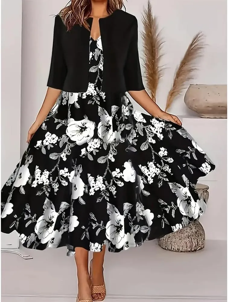 Womens Boho Floral Maxi Dress with Cardigan 2 Piece Set Sleeveless Tank Dress Cropped Jacket Flowy Wedding Guest Dress