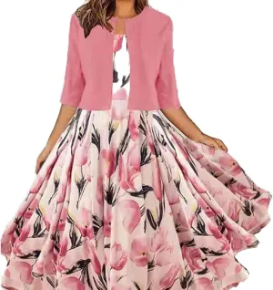 Womens Boho Floral Maxi Dress with Cardigan 2 Piece Set Sleeveless Tank Dress Cropped Jacket Flowy Wedding Guest Dress
