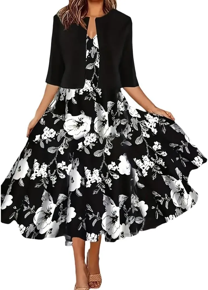 Womens Boho Floral Maxi Dress with Cardigan 2 Piece Set Sleeveless Tank Dress Cropped Jacket Flowy Wedding Guest Dress