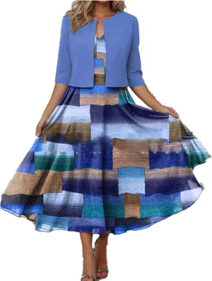 Womens Boho Floral Maxi Dress with Cardigan 2 Piece Set Sleeveless Tank Dress Cropped Jacket Flowy Wedding Guest Dress