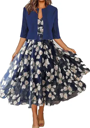 Womens Boho Floral Maxi Dress with Cardigan 2 Piece Set Sleeveless Tank Dress Cropped Jacket Flowy Wedding Guest Dress