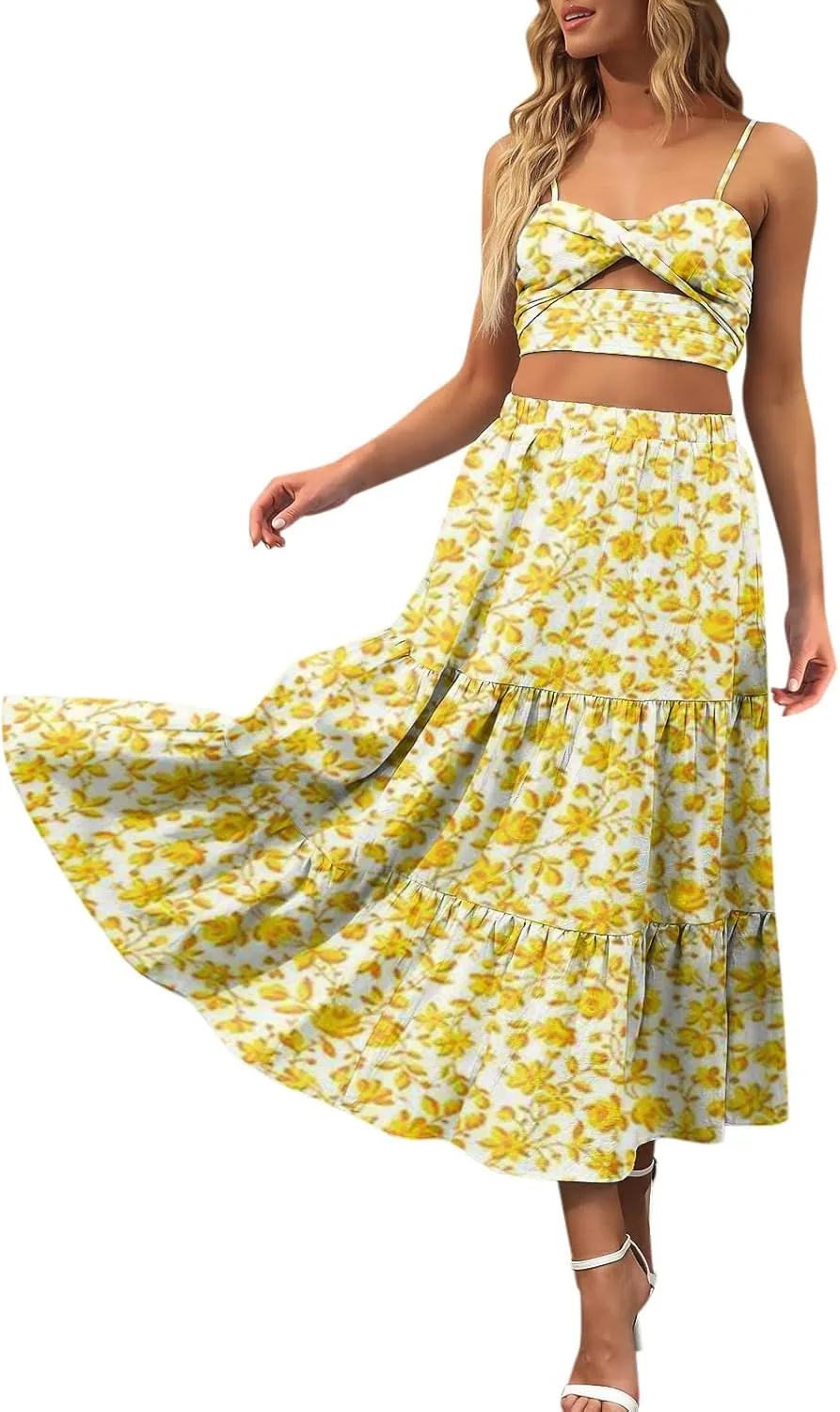 Womens Boho Tiered Maxi Skirt Summer Flowy Beach Skirts Elastic Waistband Midi Skirt Floral Pleated A Line Skirt with Pockets