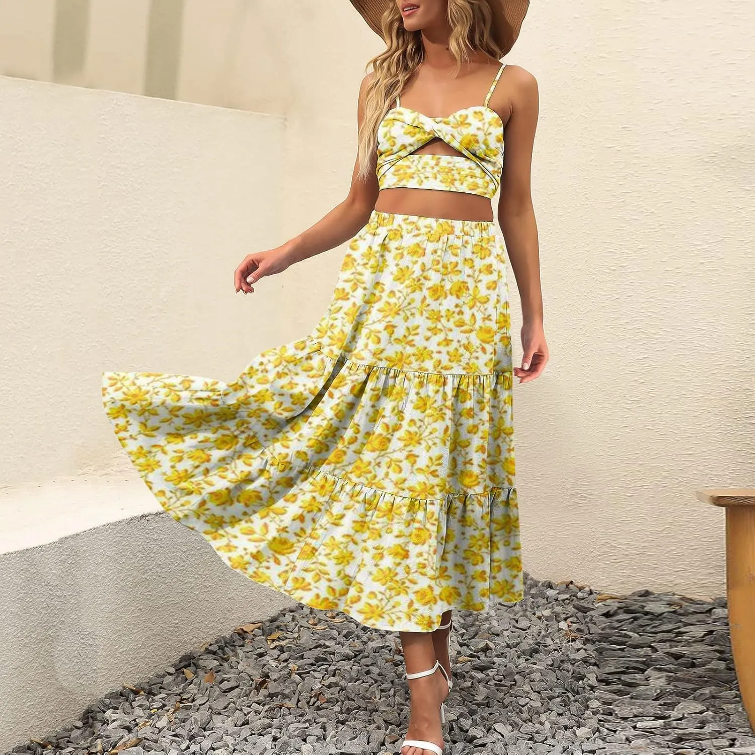 Womens Boho Tiered Maxi Skirt Summer Flowy Beach Skirts Elastic Waistband Midi Skirt Floral Pleated A Line Skirt with Pockets