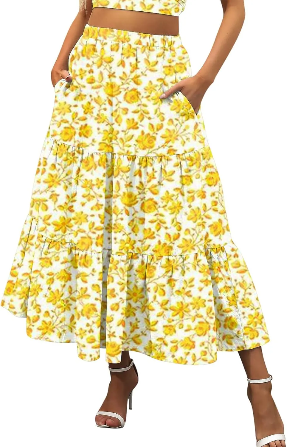 Womens Boho Tiered Maxi Skirt Summer Flowy Beach Skirts Elastic Waistband Midi Skirt Floral Pleated A Line Skirt with Pockets