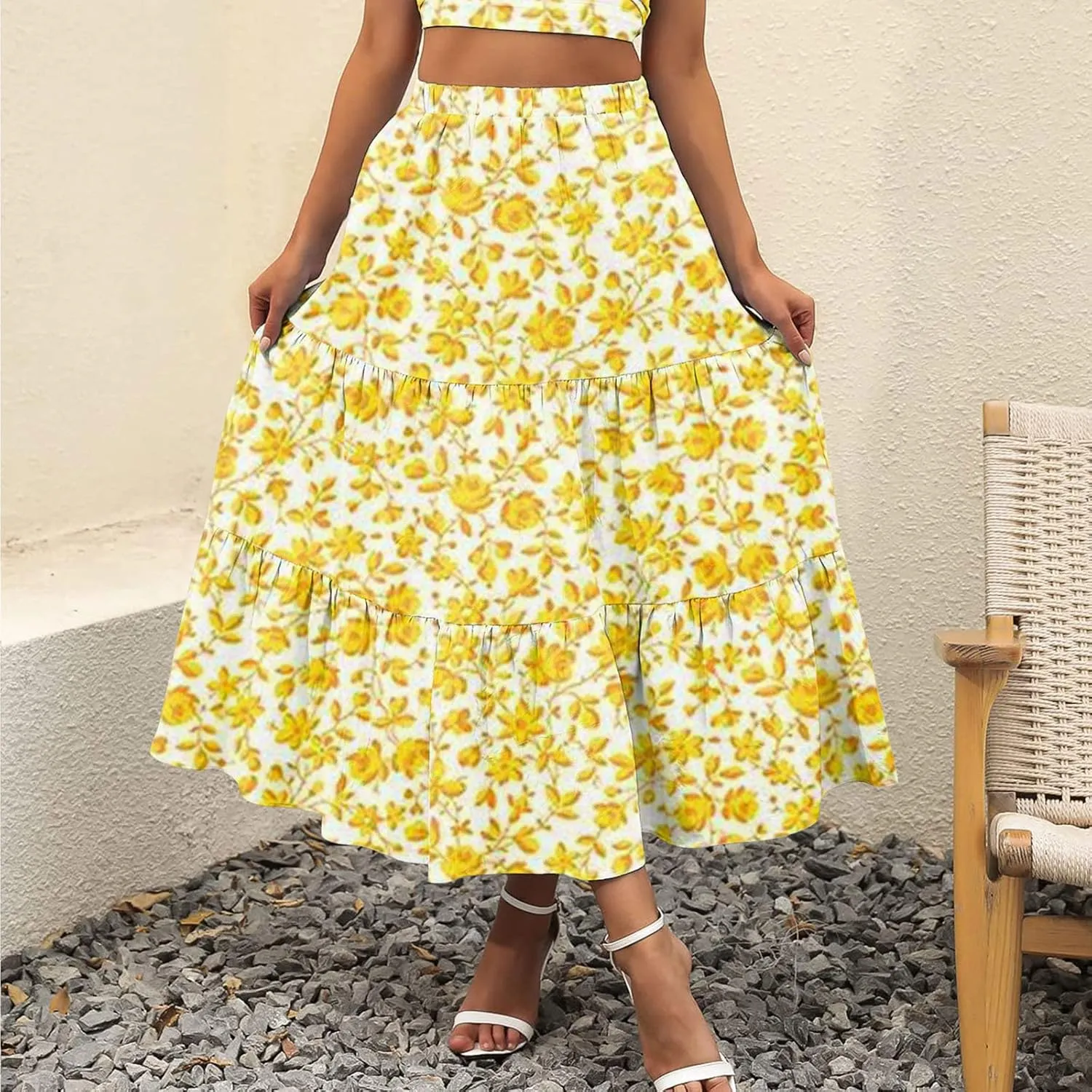 Womens Boho Tiered Maxi Skirt Summer Flowy Beach Skirts Elastic Waistband Midi Skirt Floral Pleated A Line Skirt with Pockets