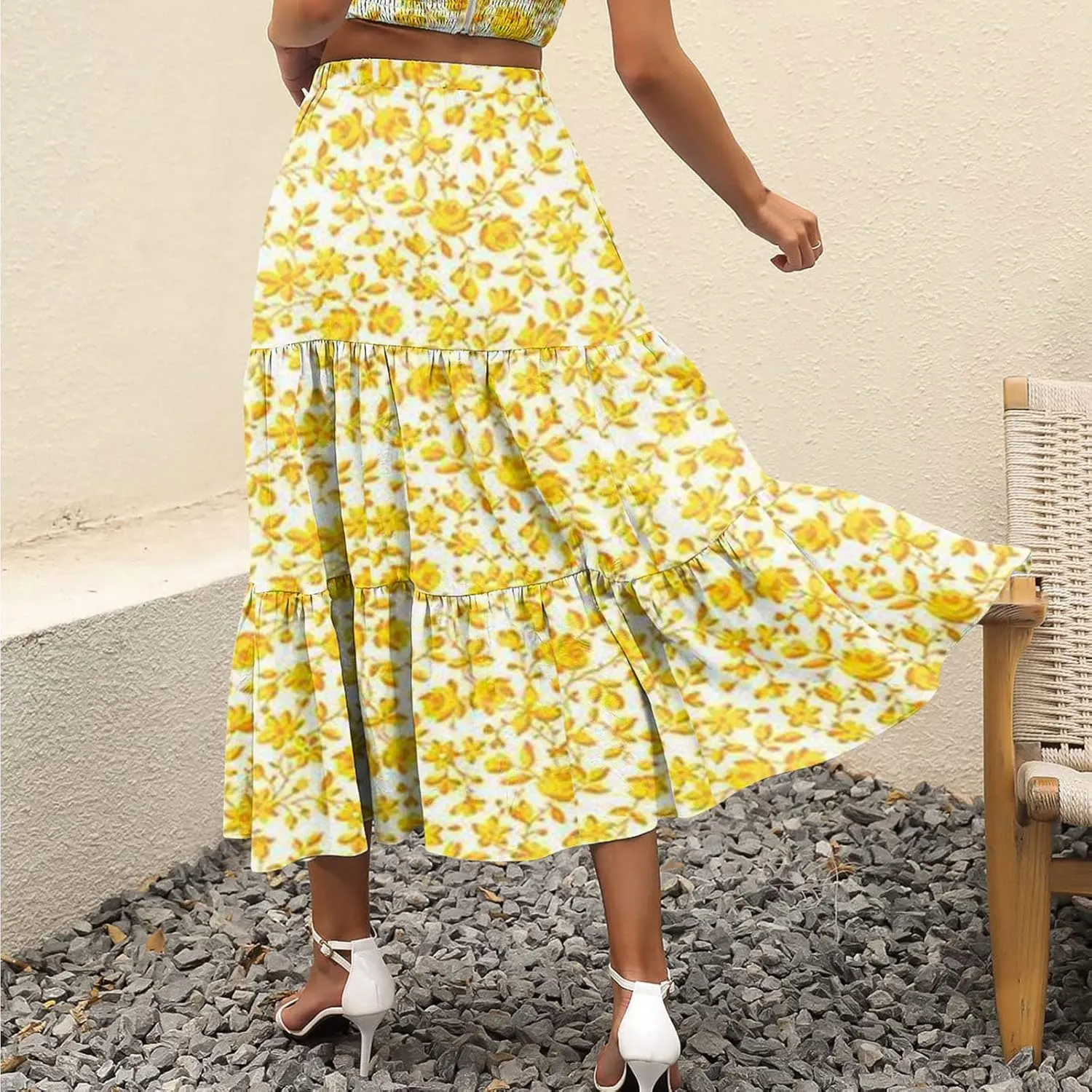 Womens Boho Tiered Maxi Skirt Summer Flowy Beach Skirts Elastic Waistband Midi Skirt Floral Pleated A Line Skirt with Pockets