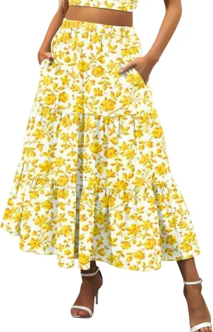 Womens Boho Tiered Maxi Skirt Summer Flowy Beach Skirts Elastic Waistband Midi Skirt Floral Pleated A Line Skirt with Pockets