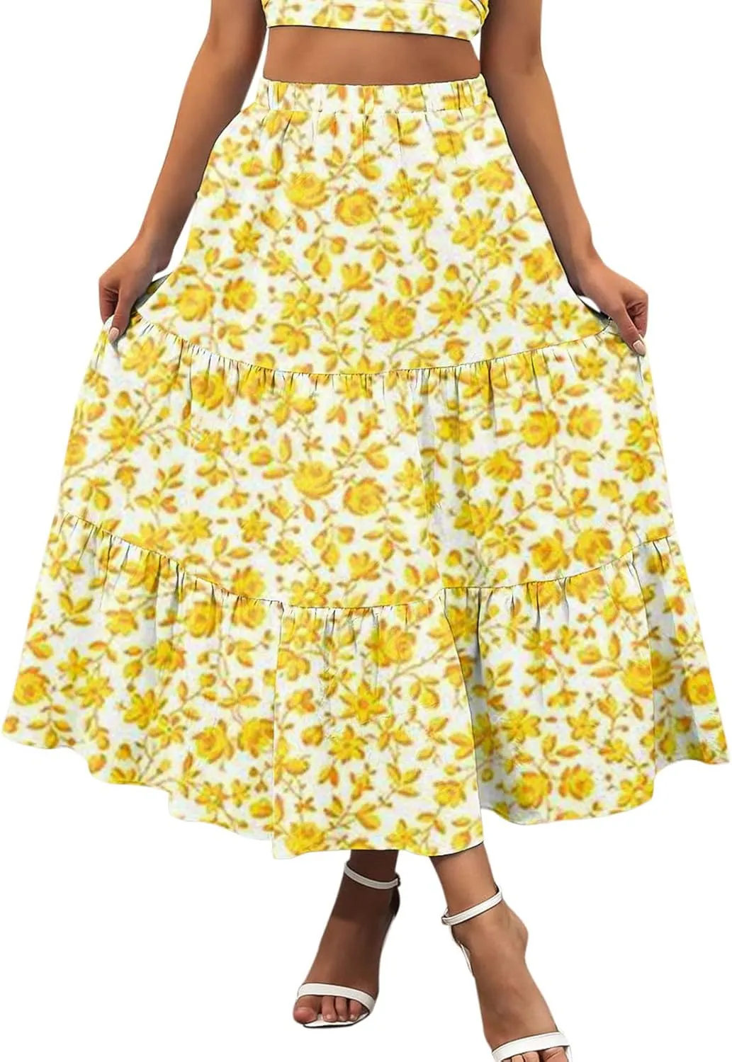 Womens Boho Tiered Maxi Skirt Summer Flowy Beach Skirts Elastic Waistband Midi Skirt Floral Pleated A Line Skirt with Pockets
