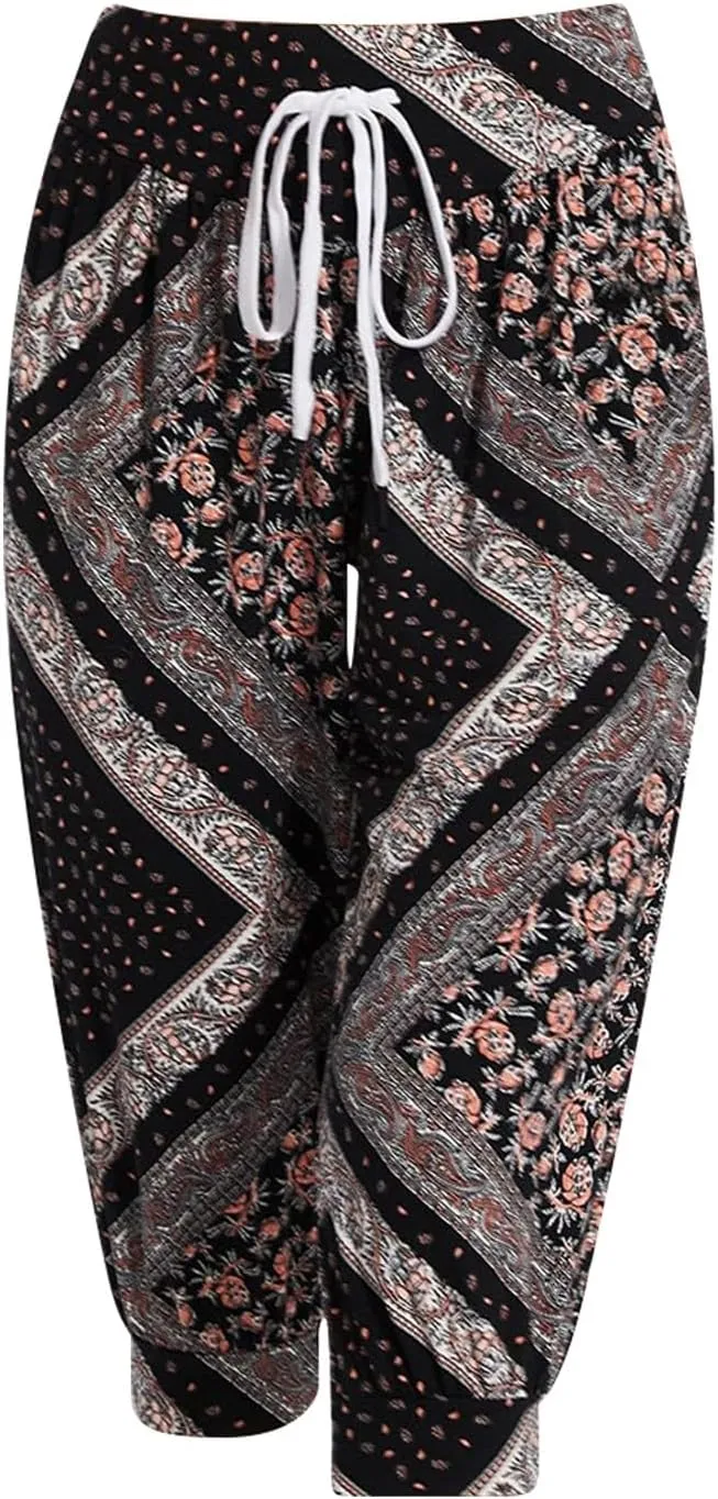 Women's Capri Harem Pants Printed High Waist Yoga Boho Trousers High Rise Wide Leg Cropped Beach Yoga Sweatpants with Pockets
