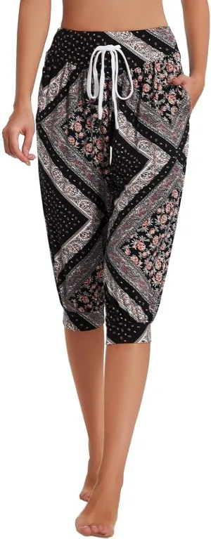 Women's Capri Harem Pants Printed High Waist Yoga Boho Trousers High Rise Wide Leg Cropped Beach Yoga Sweatpants with Pockets