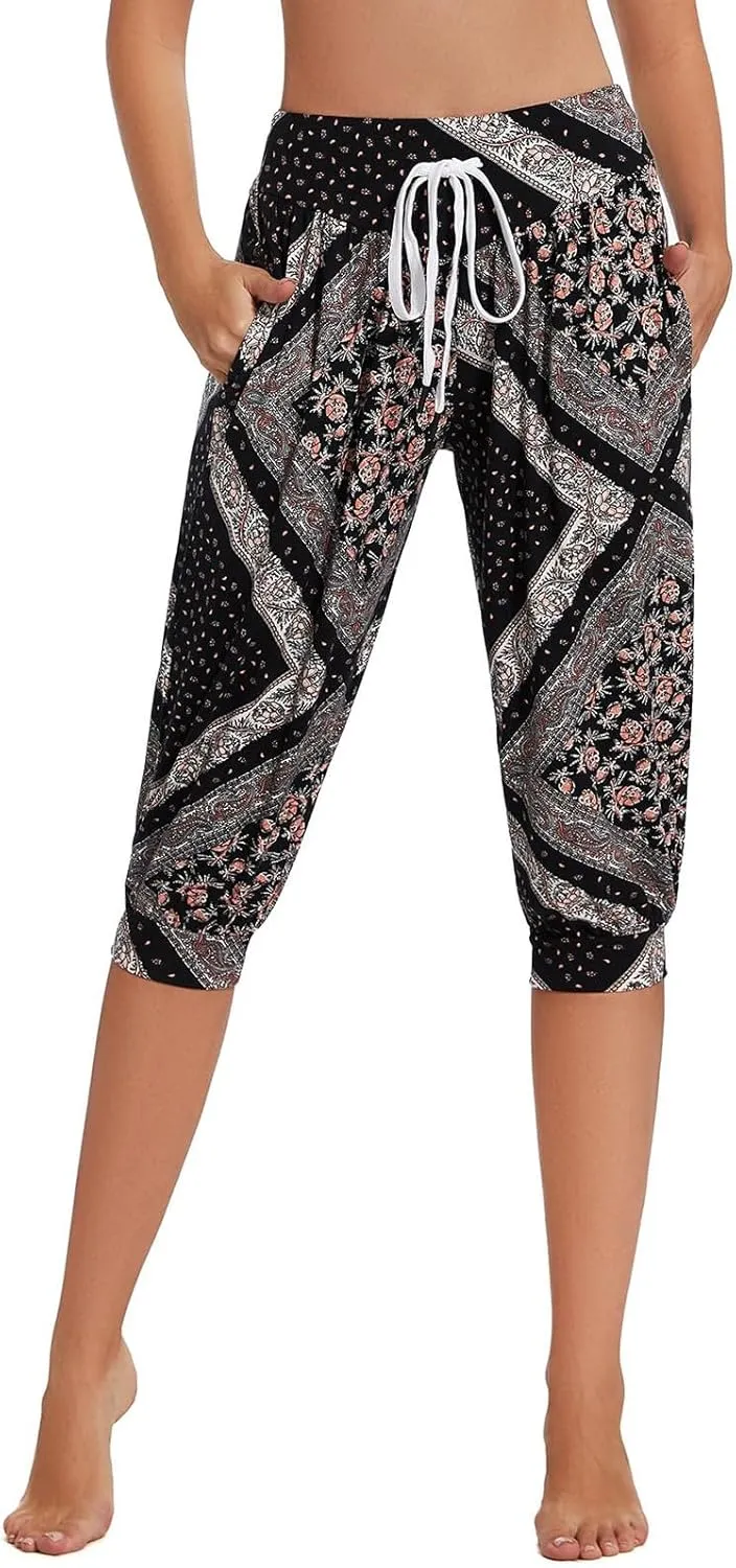 Women's Capri Harem Pants Printed High Waist Yoga Boho Trousers High Rise Wide Leg Cropped Beach Yoga Sweatpants with Pockets