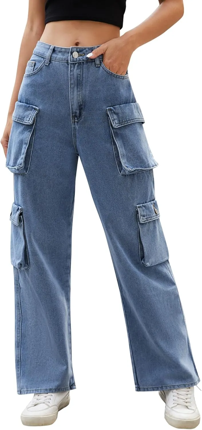 Womens Cargo Pants High Waisted Wide Leg Casual Pants Baggy Y2k Trousers with 8 Pockets