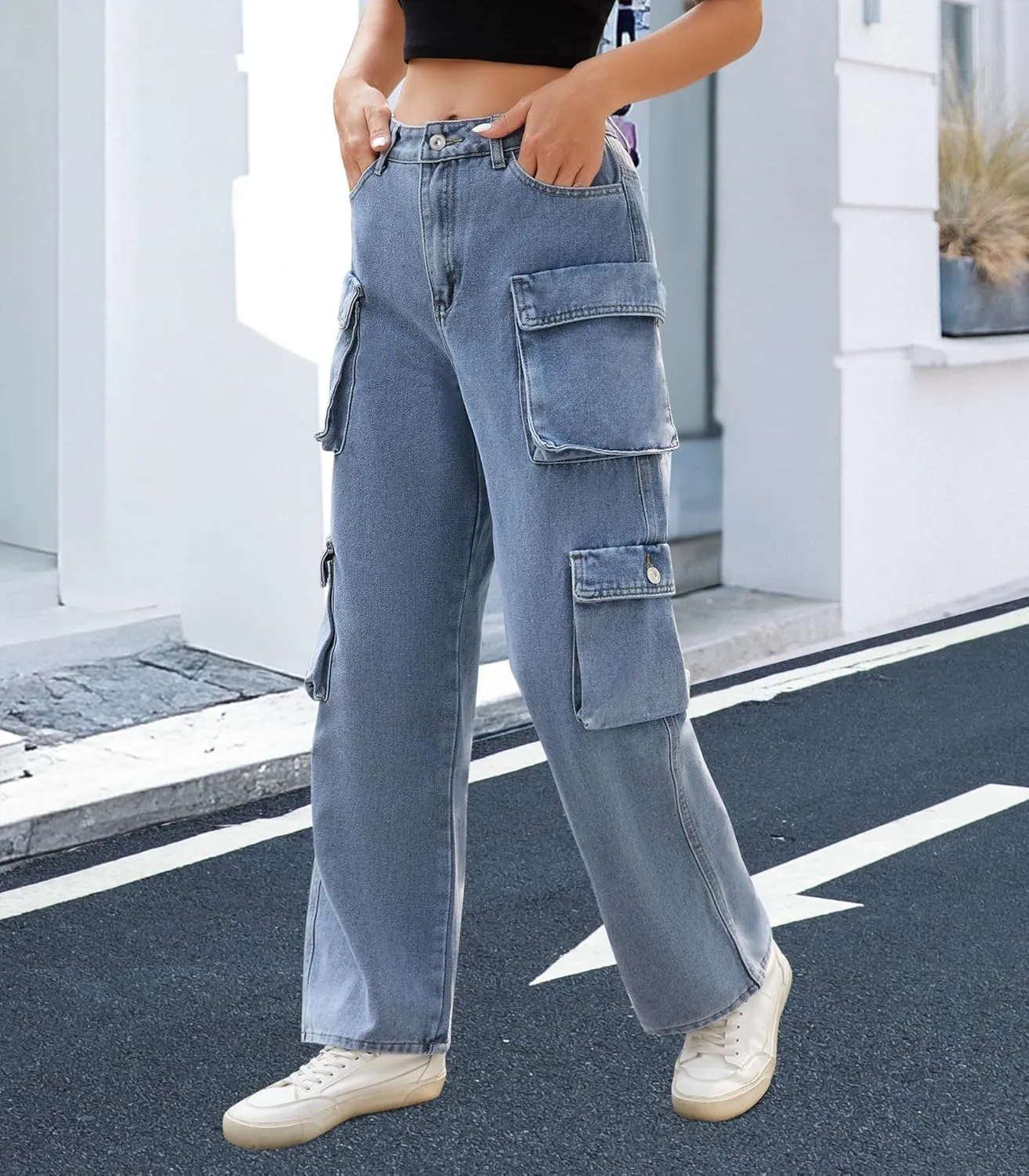 Womens Cargo Pants High Waisted Wide Leg Casual Pants Baggy Y2k Trousers with 8 Pockets