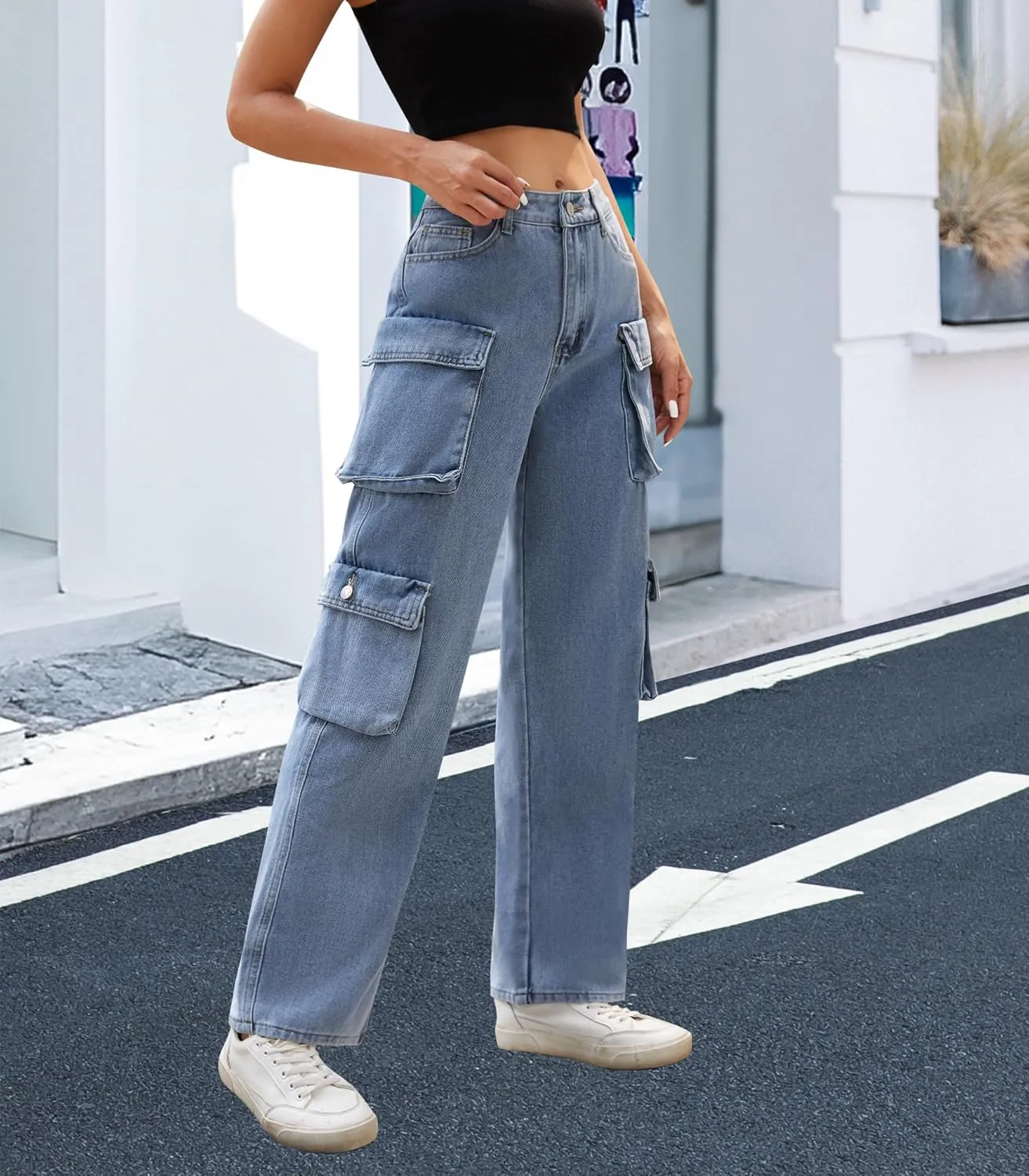 Womens Cargo Pants High Waisted Wide Leg Casual Pants Baggy Y2k Trousers with 8 Pockets