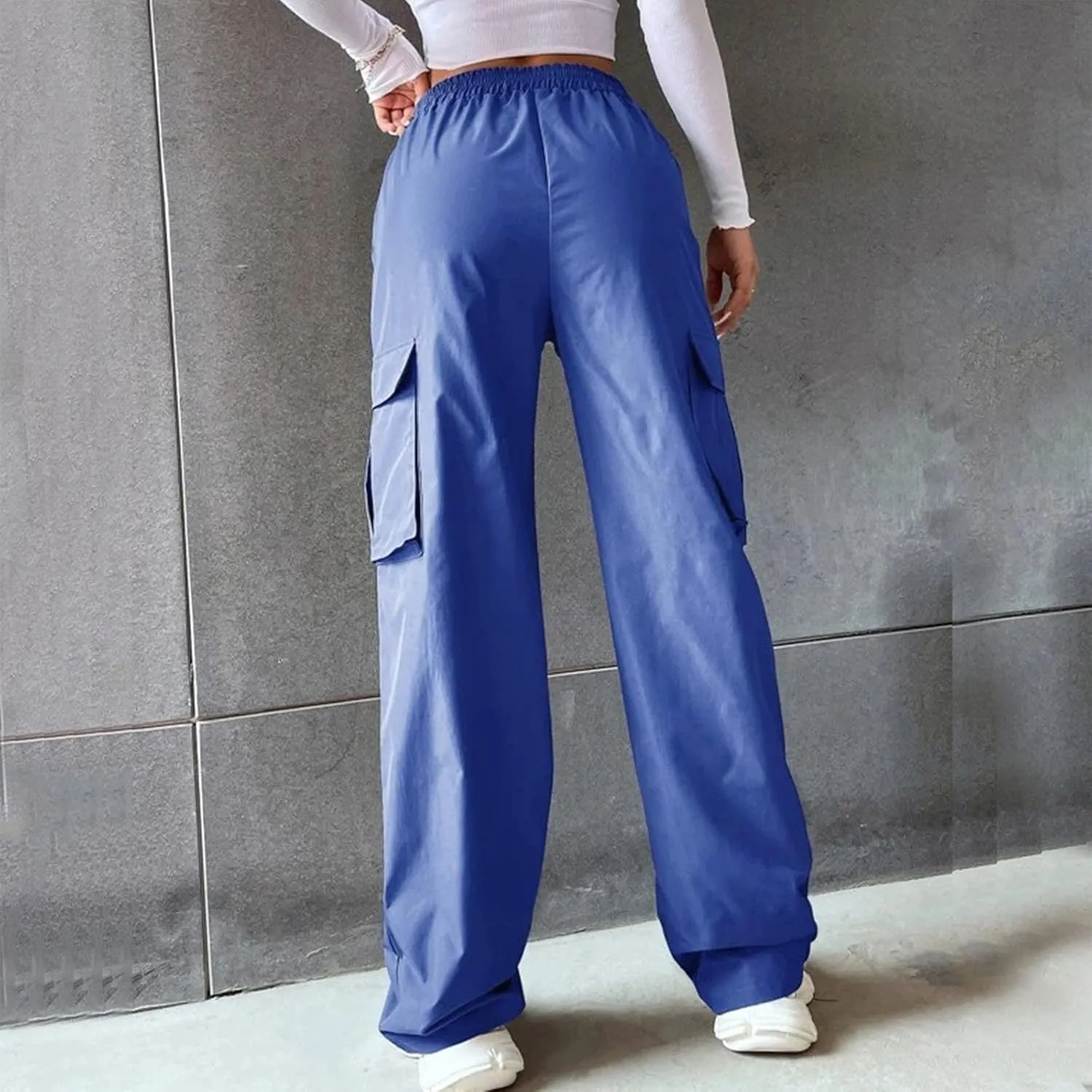 Womens Casual Cargo Pants Plus Size Elastic High Waisted Straight Wide Leg Pants Y2k Loose Solid Lounge Trousers