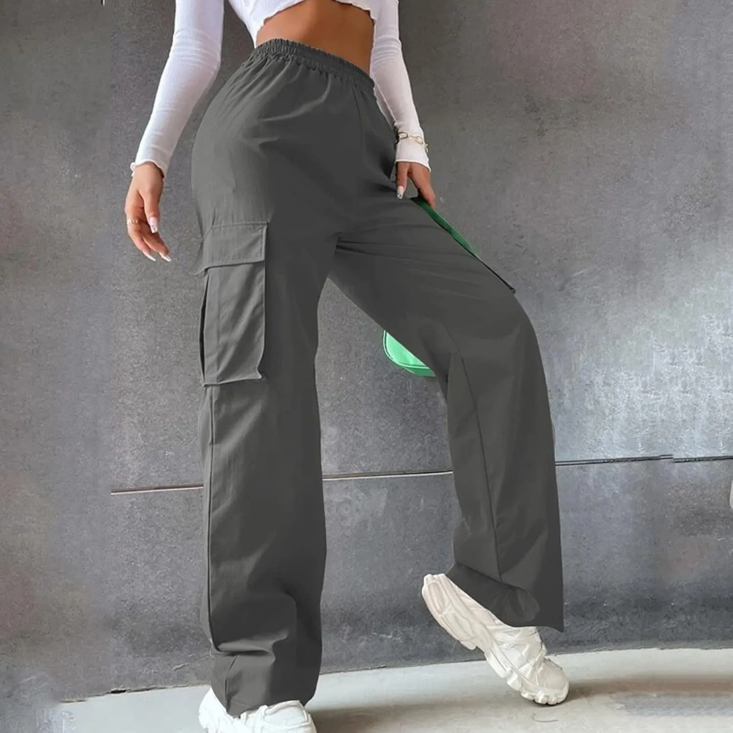 Womens Casual Cargo Pants Plus Size Elastic High Waisted Straight Wide Leg Pants Y2k Loose Solid Lounge Trousers