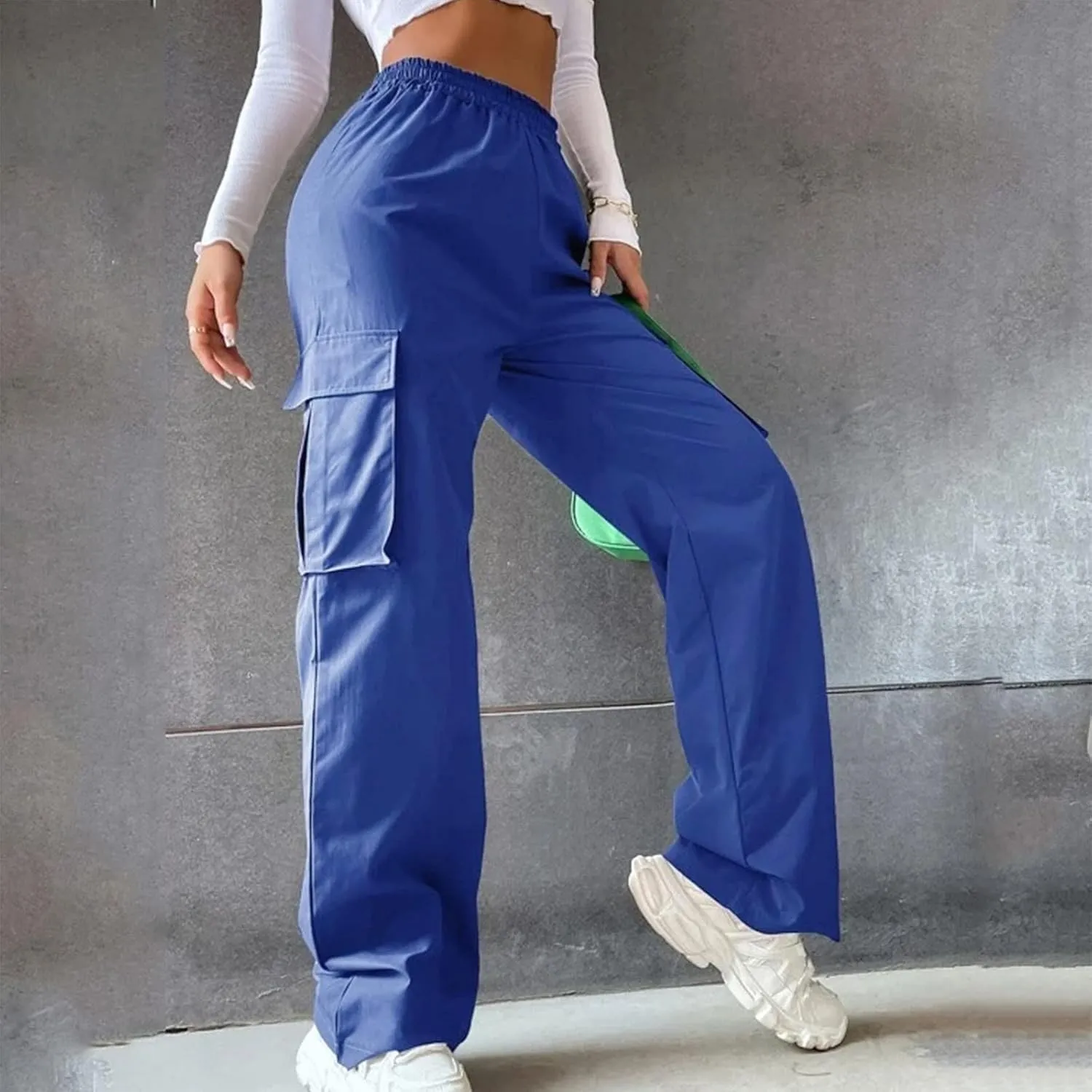 Womens Casual Cargo Pants Plus Size Elastic High Waisted Straight Wide Leg Pants Y2k Loose Solid Lounge Trousers