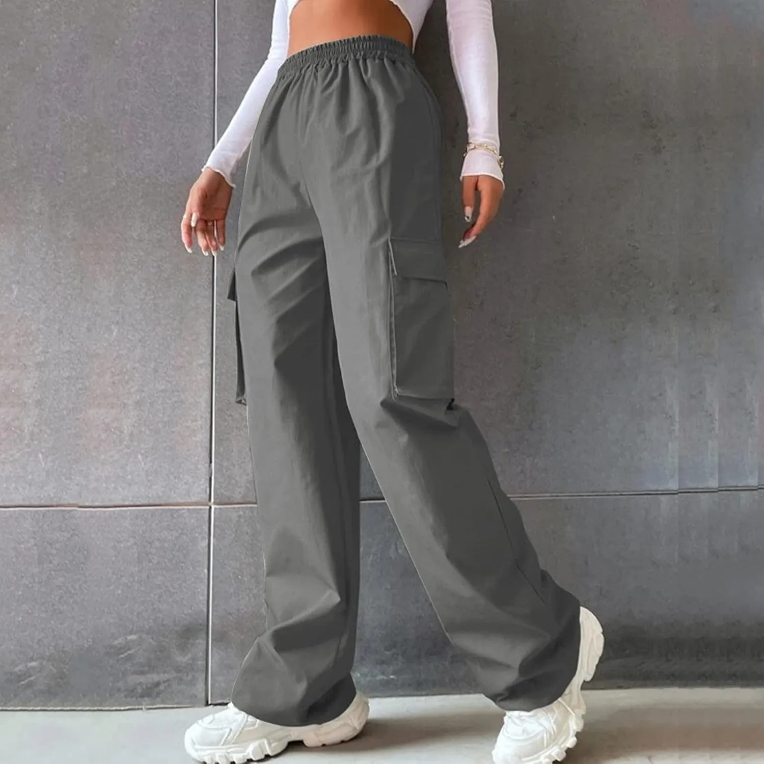 Womens Casual Cargo Pants Plus Size Elastic High Waisted Straight Wide Leg Pants Y2k Loose Solid Lounge Trousers