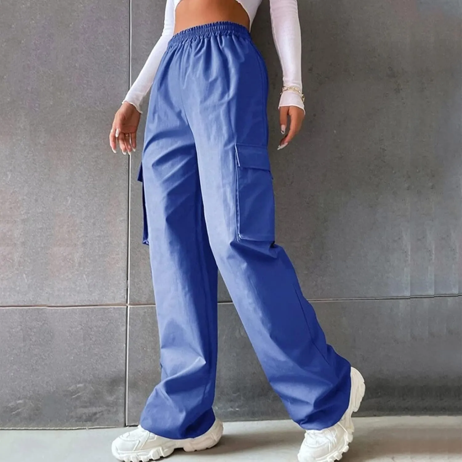 Womens Casual Cargo Pants Plus Size Elastic High Waisted Straight Wide Leg Pants Y2k Loose Solid Lounge Trousers