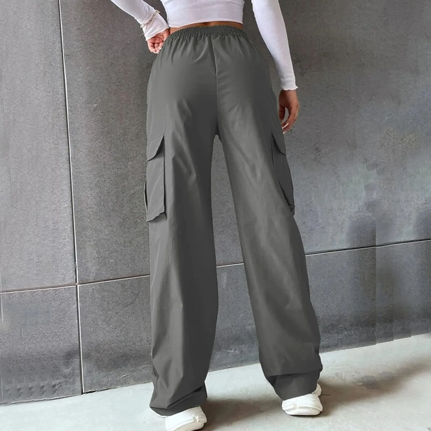 Womens Casual Cargo Pants Plus Size Elastic High Waisted Straight Wide Leg Pants Y2k Loose Solid Lounge Trousers