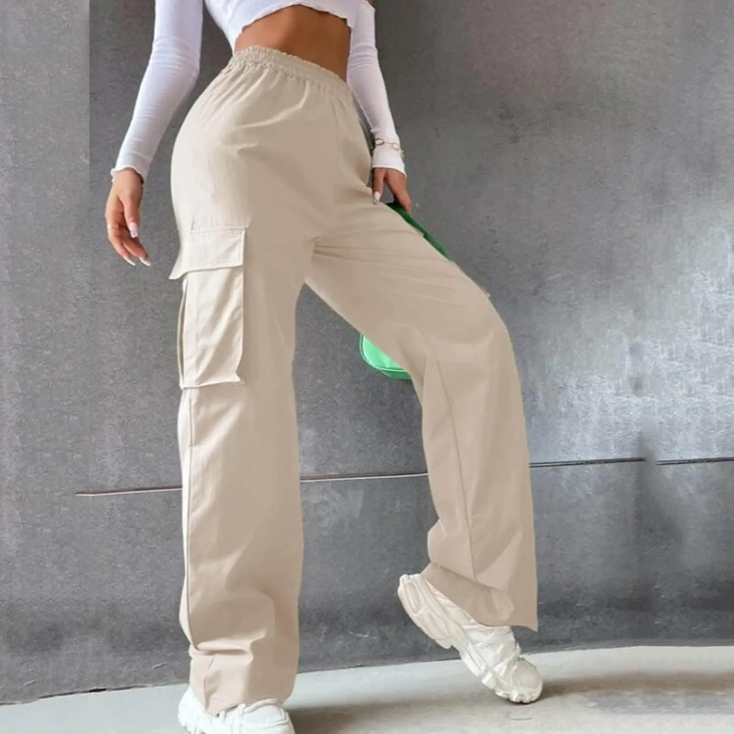 Womens Casual Cargo Pants Plus Size Elastic High Waisted Straight Wide Leg Pants Y2k Loose Solid Lounge Trousers