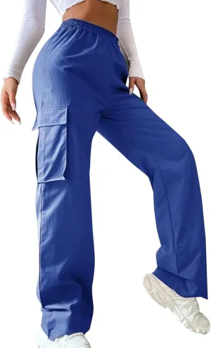 Womens Casual Cargo Pants Plus Size Elastic High Waisted Straight Wide Leg Pants Y2k Loose Solid Lounge Trousers