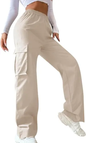 Womens Casual Cargo Pants Plus Size Elastic High Waisted Straight Wide Leg Pants Y2k Loose Solid Lounge Trousers
