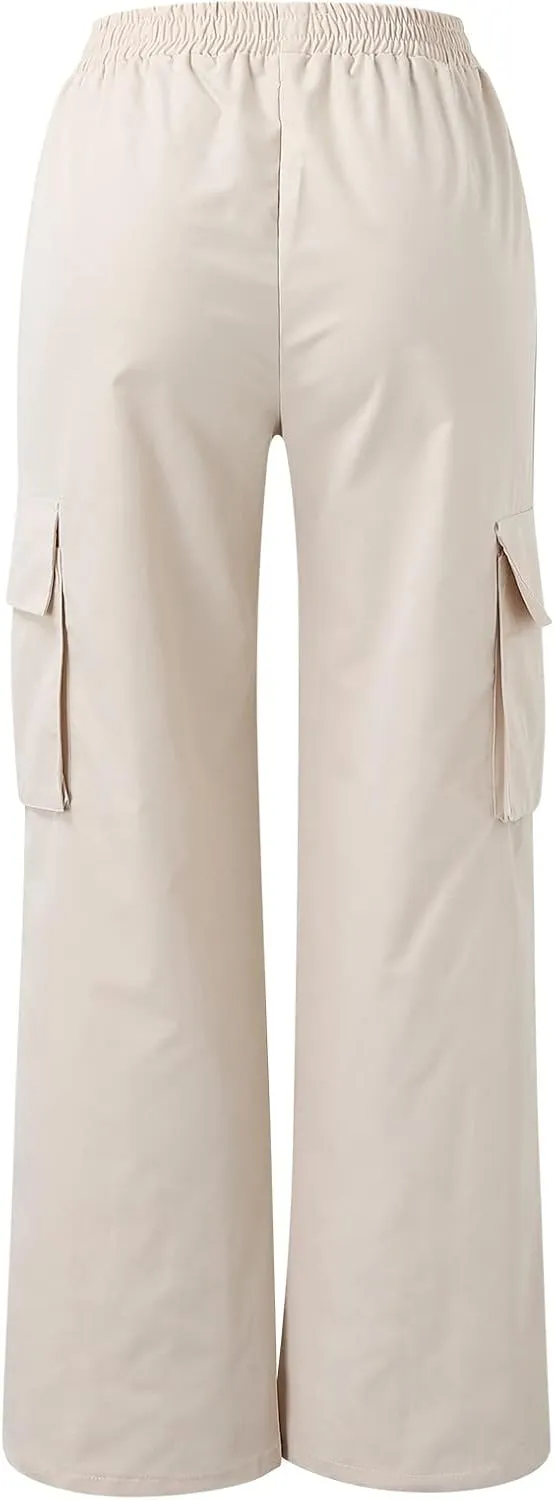 Womens Casual Cargo Pants Plus Size Elastic High Waisted Straight Wide Leg Pants Y2k Loose Solid Lounge Trousers